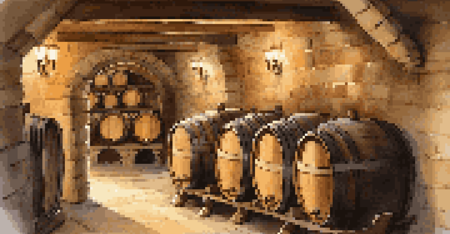 A cozy wine cellar with oak barrels and a tasting table set for wine sampling.