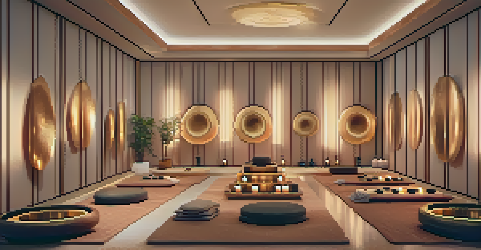 Clients enjoying a sound bath session in a luxury spa with various sound therapy instruments.