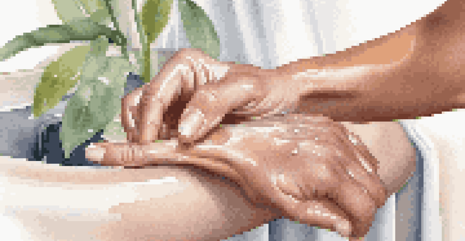 A close-up of a hand applying moisturizer to a forearm, showcasing hydrated skin in a calm bathroom setting.