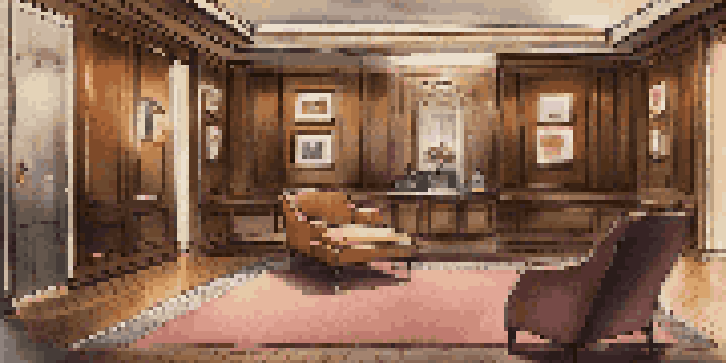 A luxurious safe room with elegant wood paneling, plush velvet seating, and high-tech security features, illuminated by soft ambient lighting.