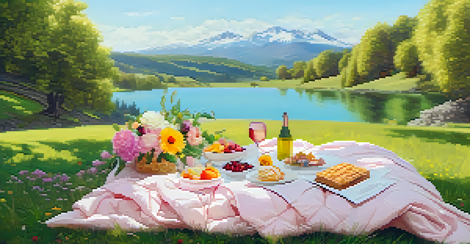 A micro-influencer having a luxury picnic with gourmet snacks on a blanket in a scenic outdoor location.