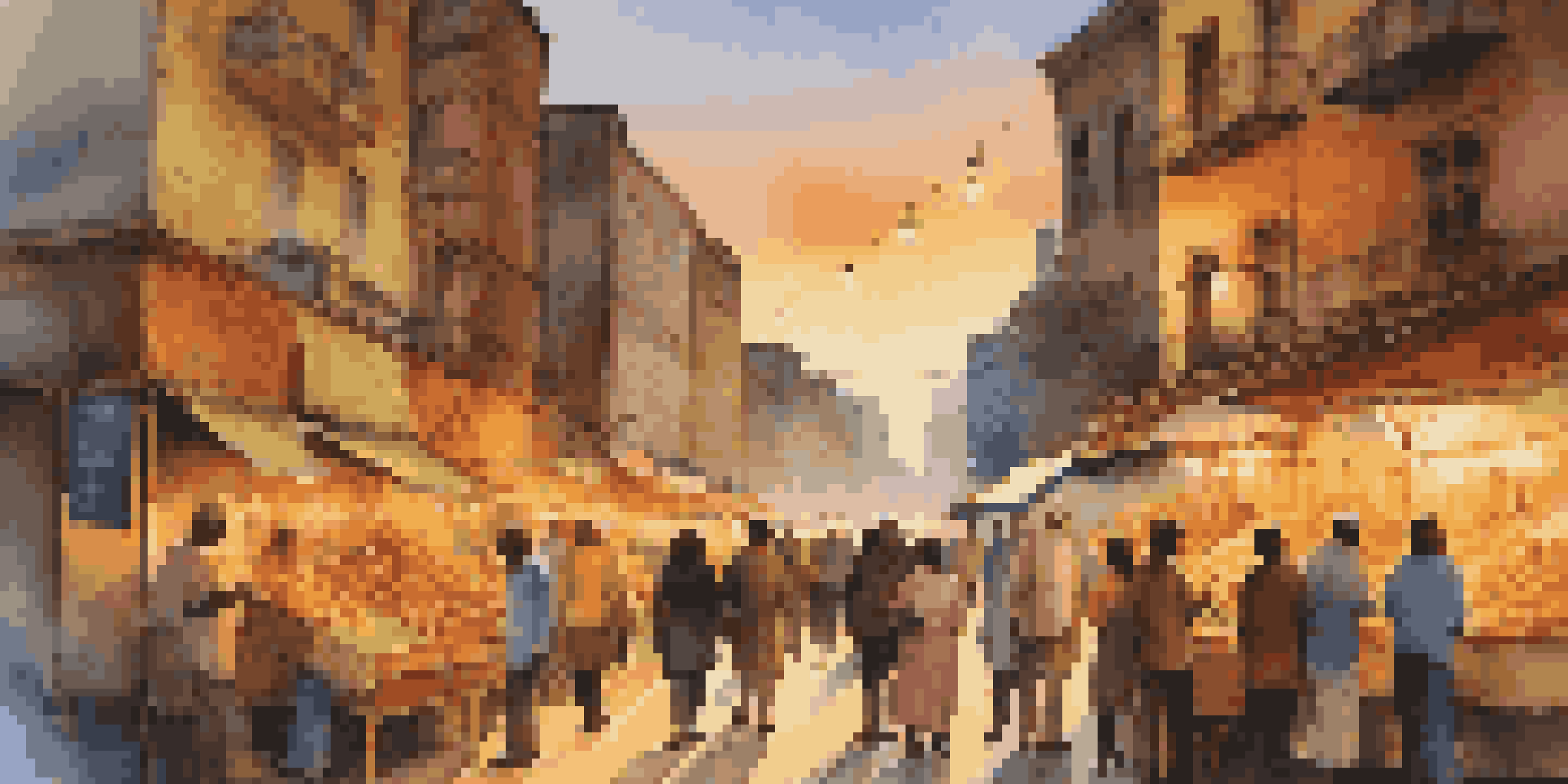 A lively city street at dusk, filled with travelers exploring a market with colorful stalls and street lamps illuminating the scene.