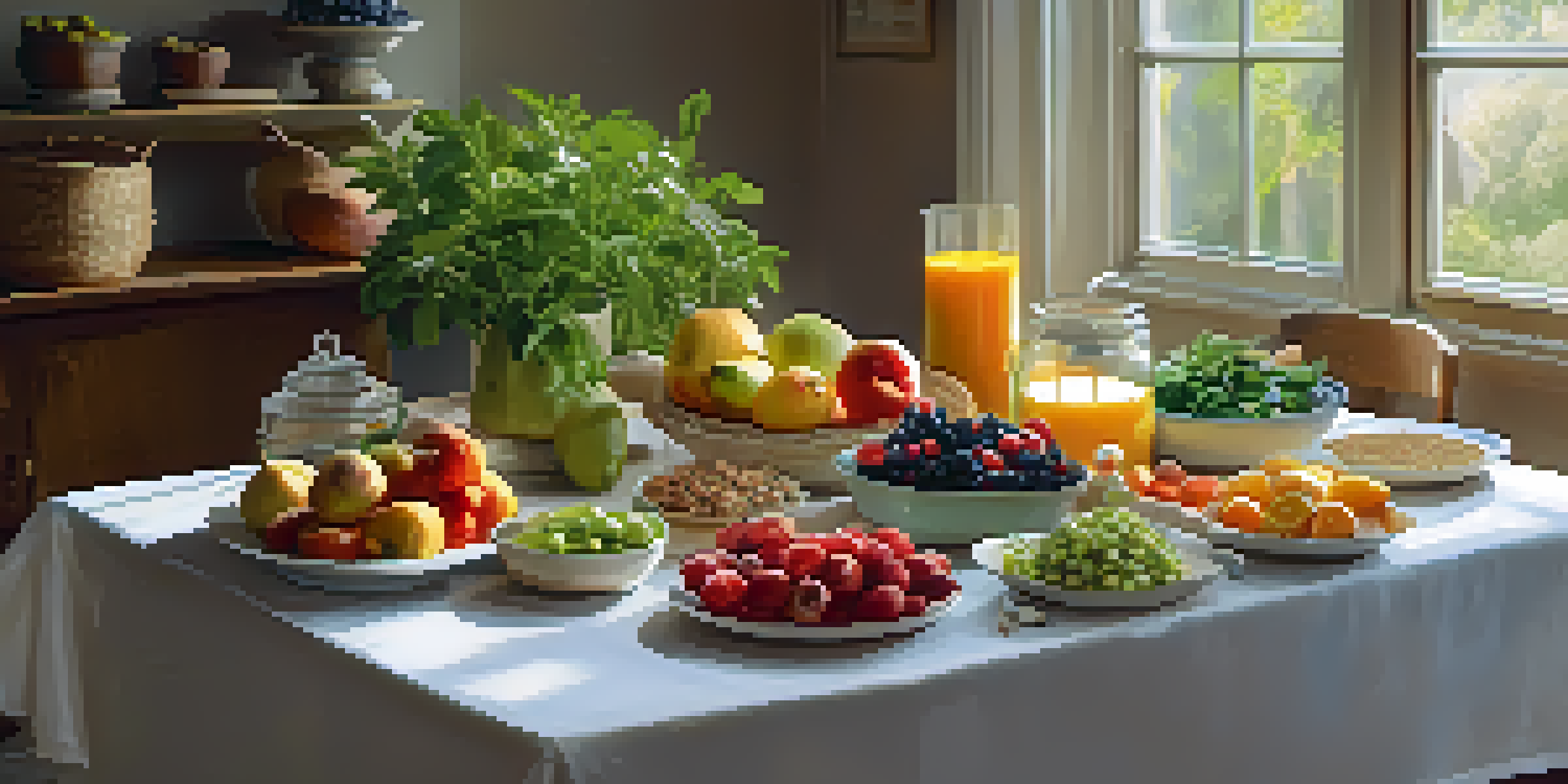 A table set with colorful healthy foods like fruits, vegetables, and nuts, illuminated by natural light.
