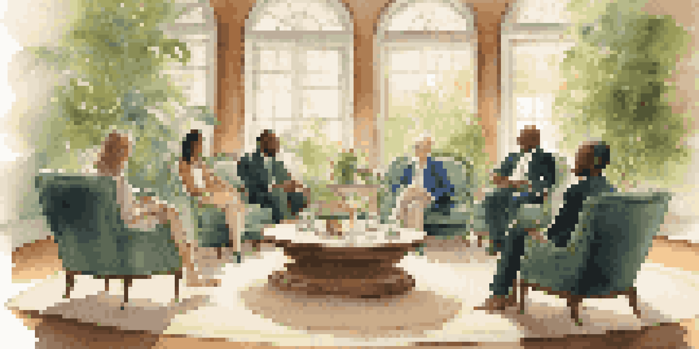 A diverse group of individuals engaged in a supportive group coaching session in a luxurious room, with warm lighting and elegant decor.