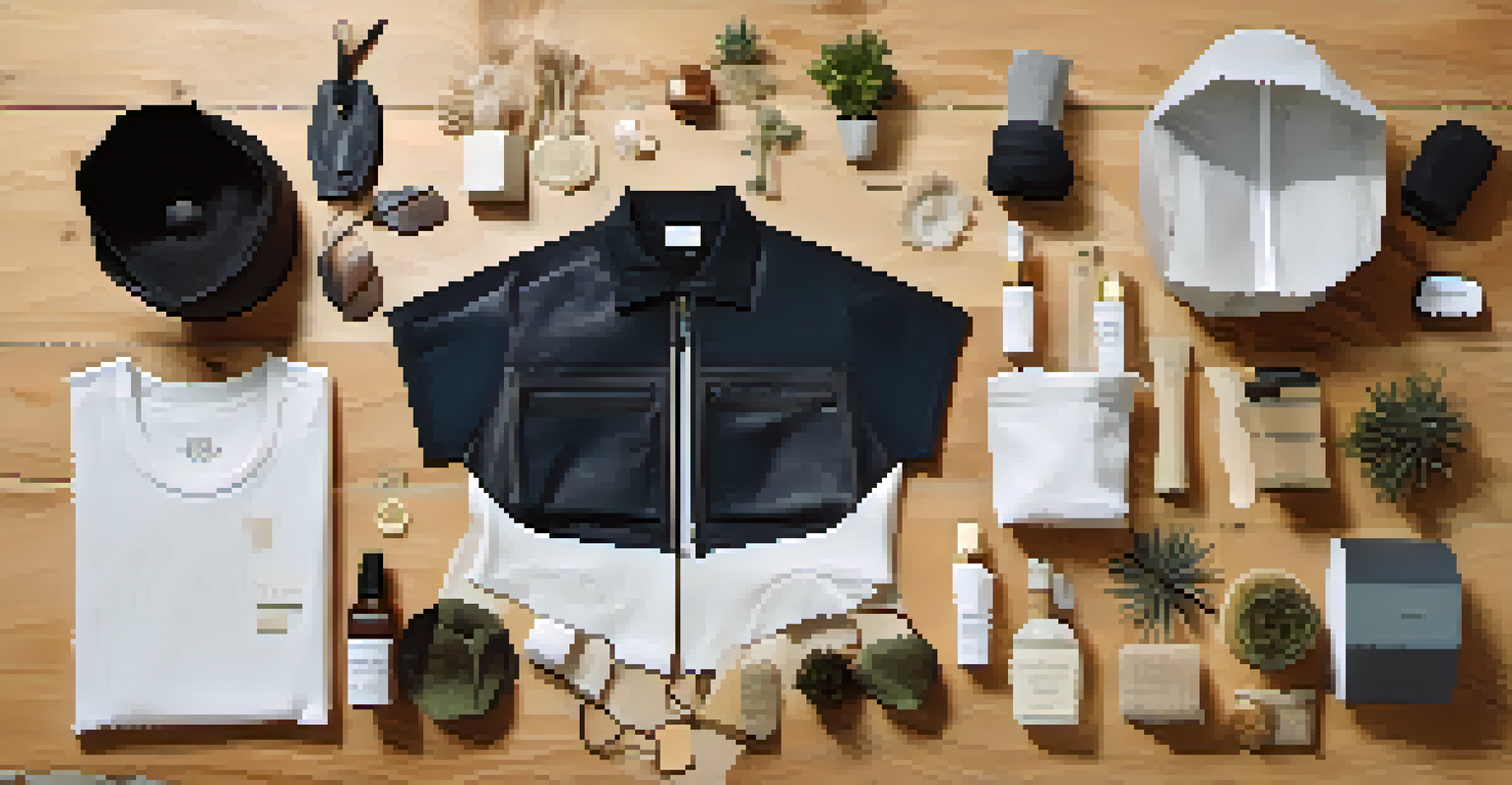 A flat lay of sustainable materials used in luxury fashion, arranged on a wooden surface with plants and eco-friendly accessories.