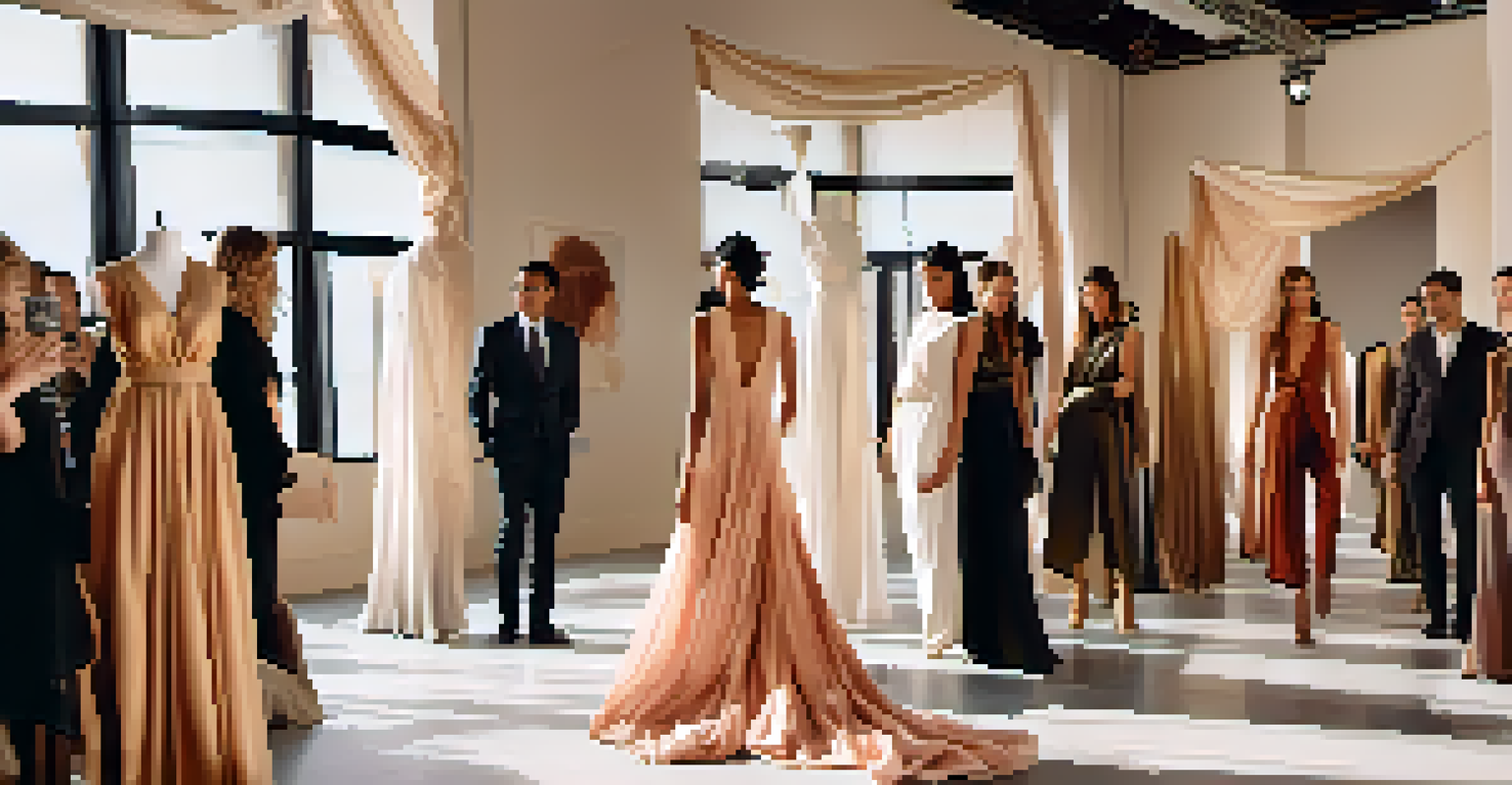 A sophisticated fashion event showcasing sustainable designs with eco-friendly materials, elegant decor, and engaged attendees.