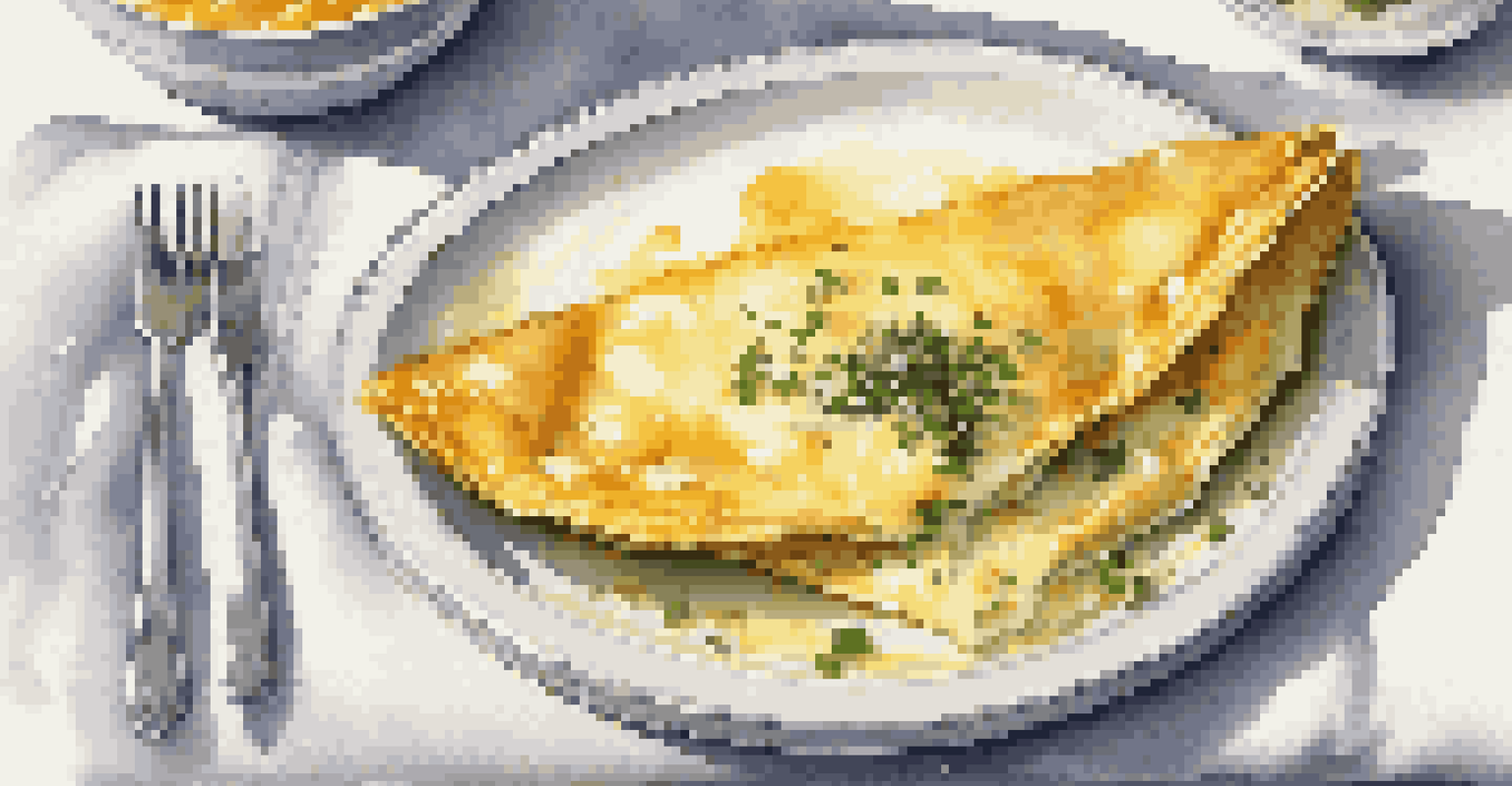 A close-up of a fluffy folded omelette with melted cheese and chives, garnished with sour cream on a white tablecloth.