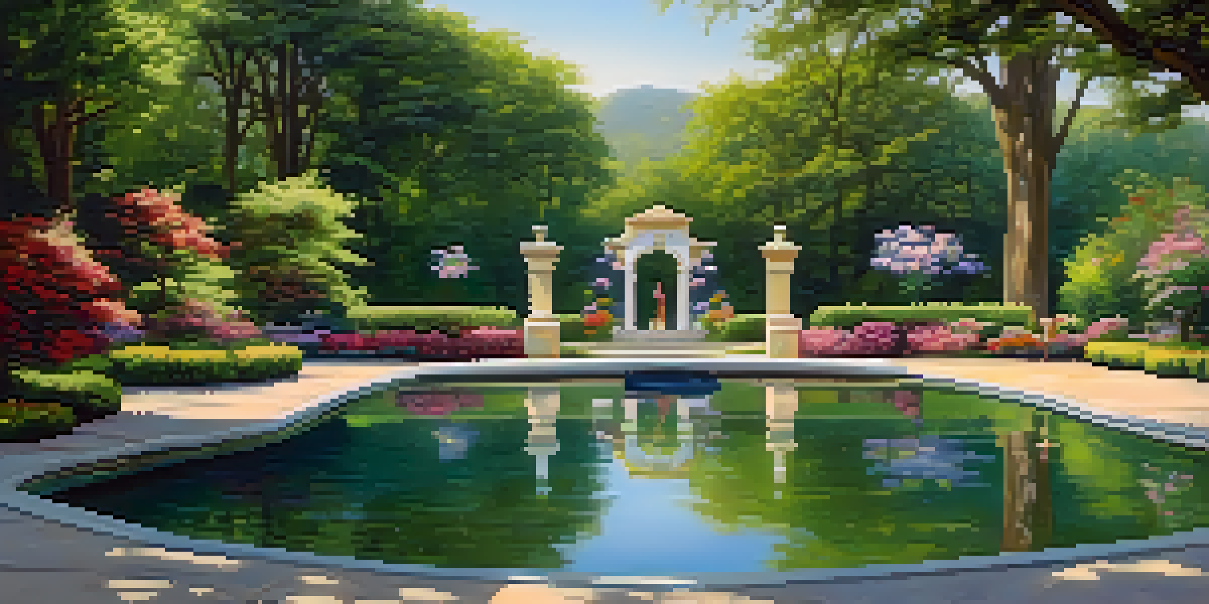 A tranquil garden with a reflecting pool surrounded by colorful flowers and greenery, sunlight shimmering on the water's surface.