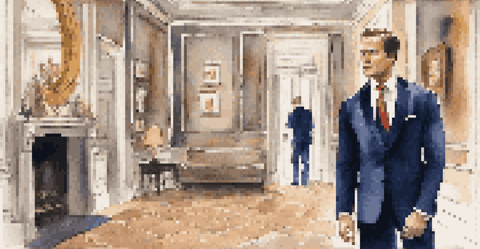 A man in a navy blue suit adjusting his tie in front of a mirror, surrounded by elegant decor.