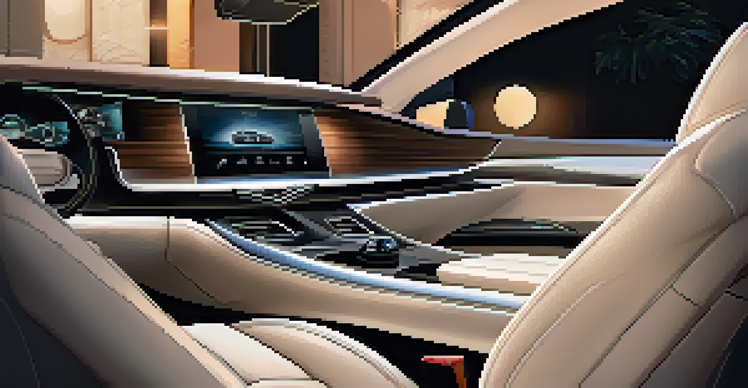 The interior of a luxury car featuring leather seats and modern technology, illuminated by soft lighting.