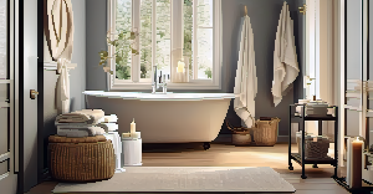 A cozy bathroom corner with luxurious textiles, candles, and organized storage for a serene look.