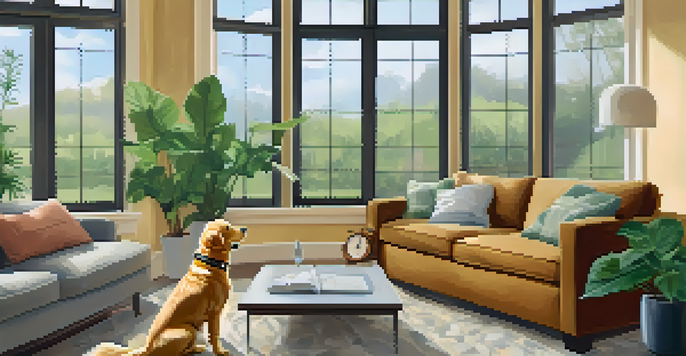 A golden retriever in a living room wearing a smart collar, with a mobile device displaying health information.
