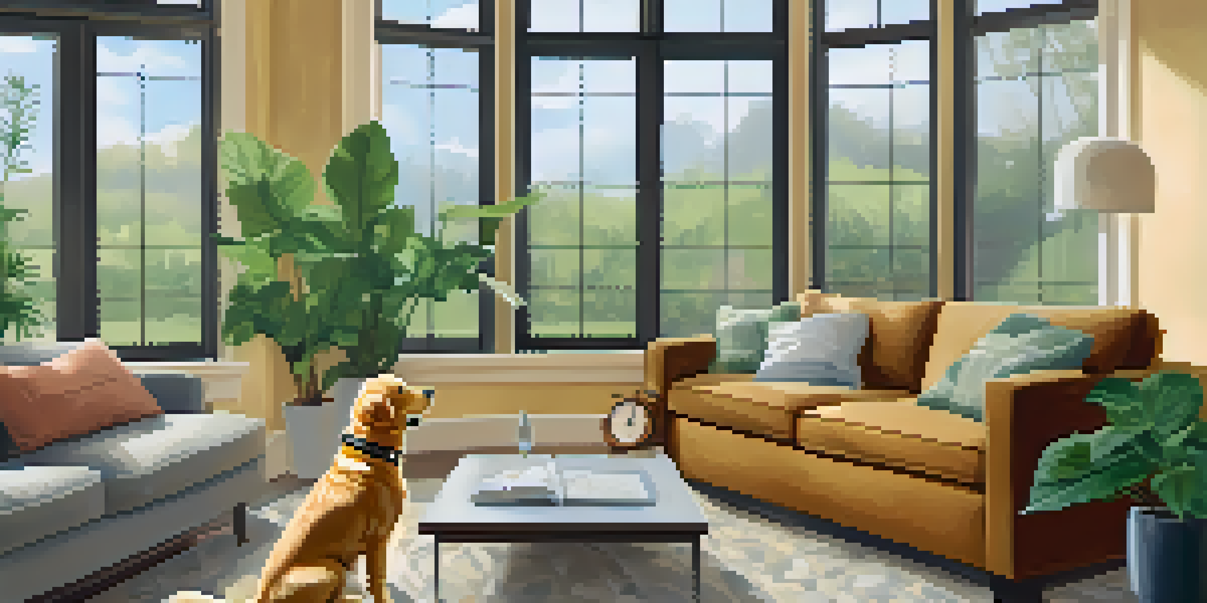 A golden retriever in a living room wearing a smart collar, with a mobile device displaying health information.