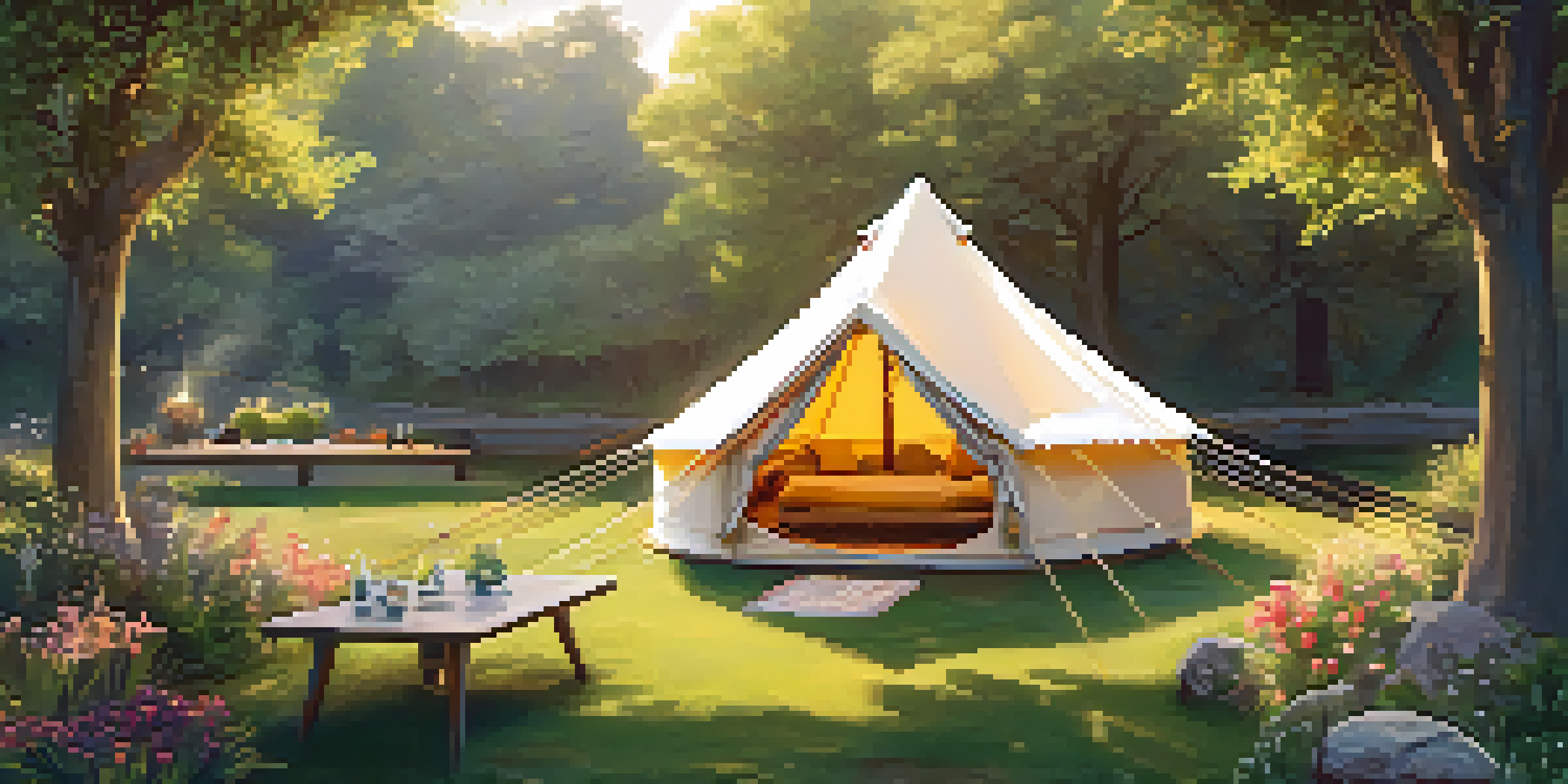 A luxury camping retreat with a canvas tent, blooming flowers, a water feature, and a hammock in a backyard setting under warm sunlight.