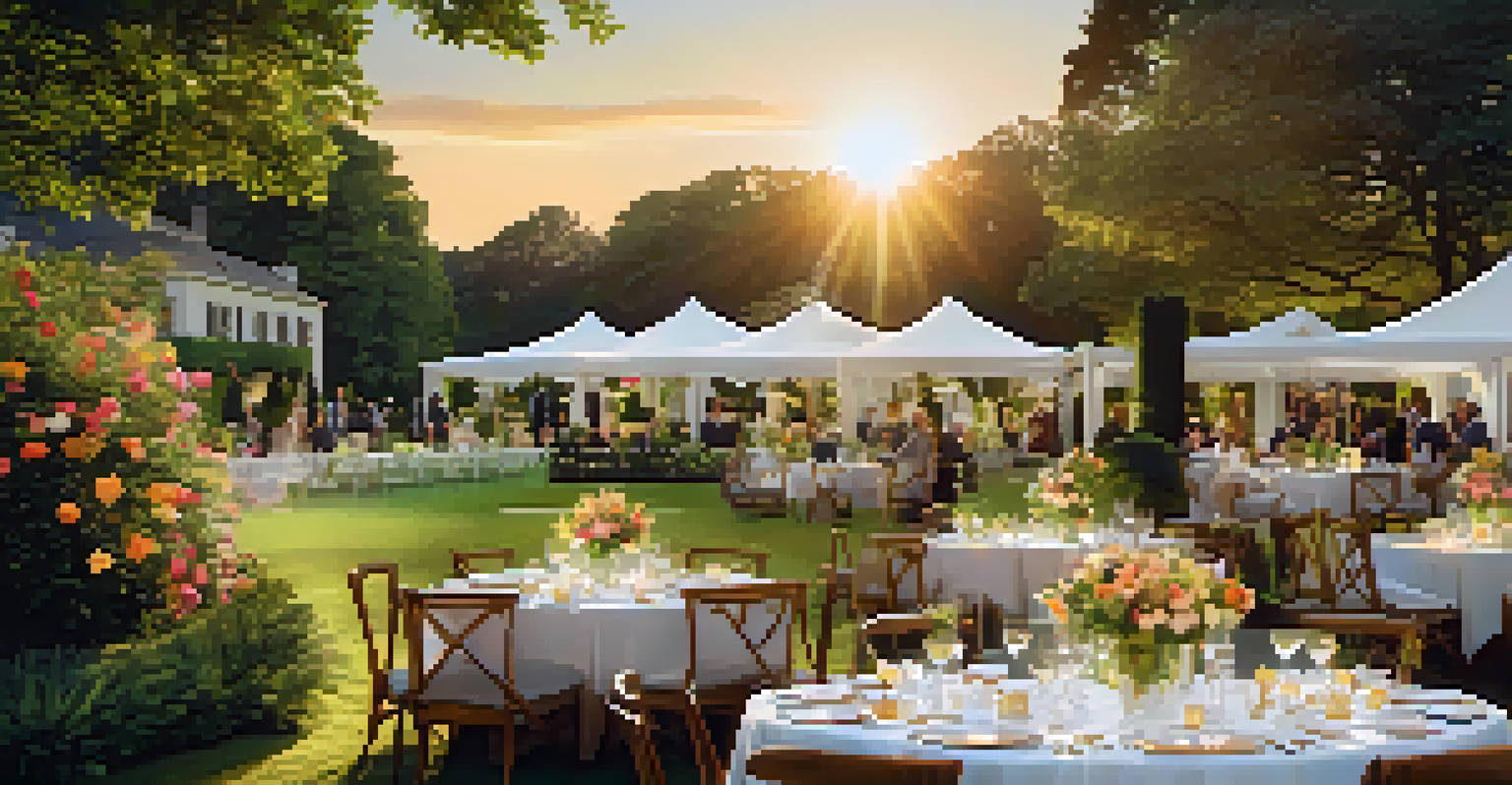 A luxurious philanthropic event in a garden during sunset, with guests enjoying gourmet food and drinks.