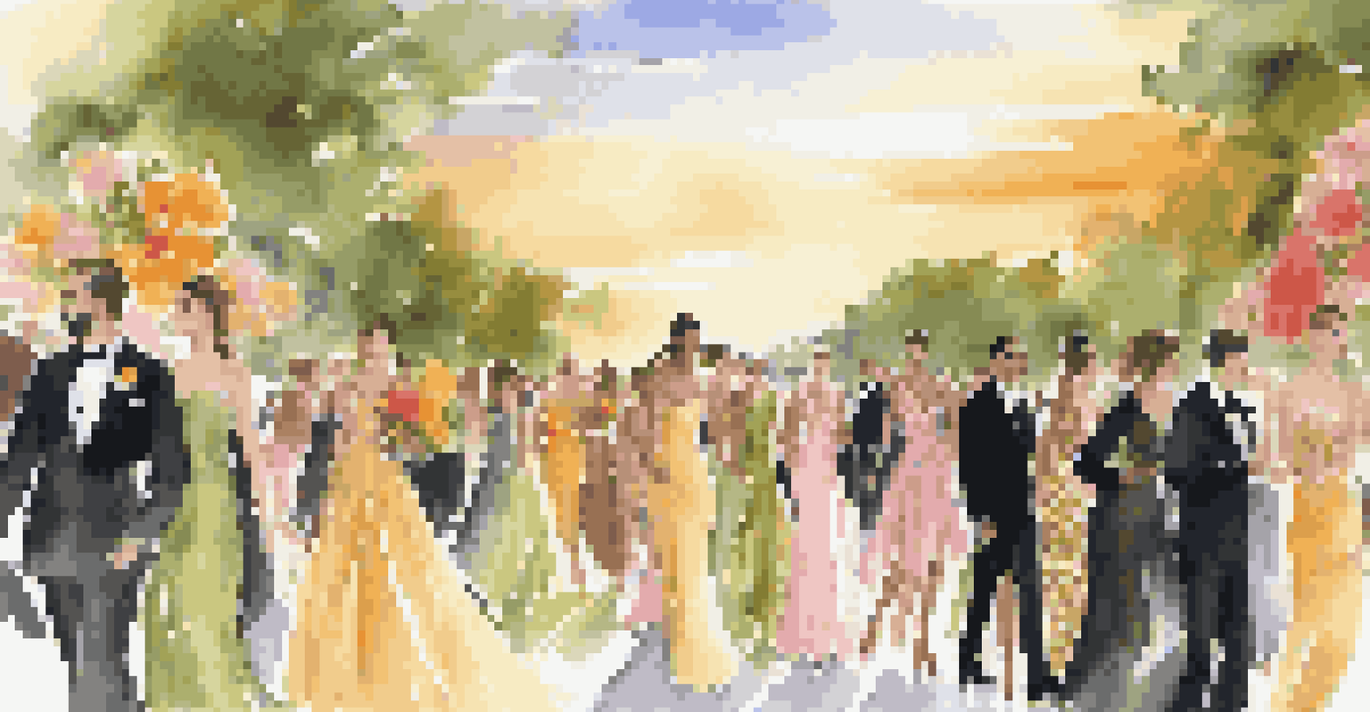 Models showcasing elegant couture outfits on a runway surrounded by greenery and flowers during a glamorous outdoor fashion show at sunset.