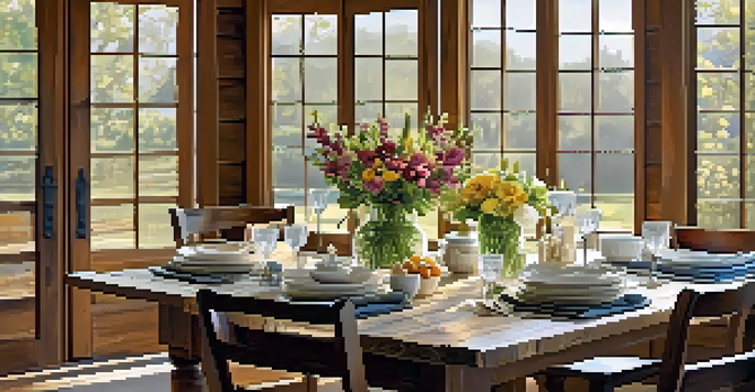 A rustic dining table made from reclaimed wood, set with elegant dinnerware and flowers in a bright room.