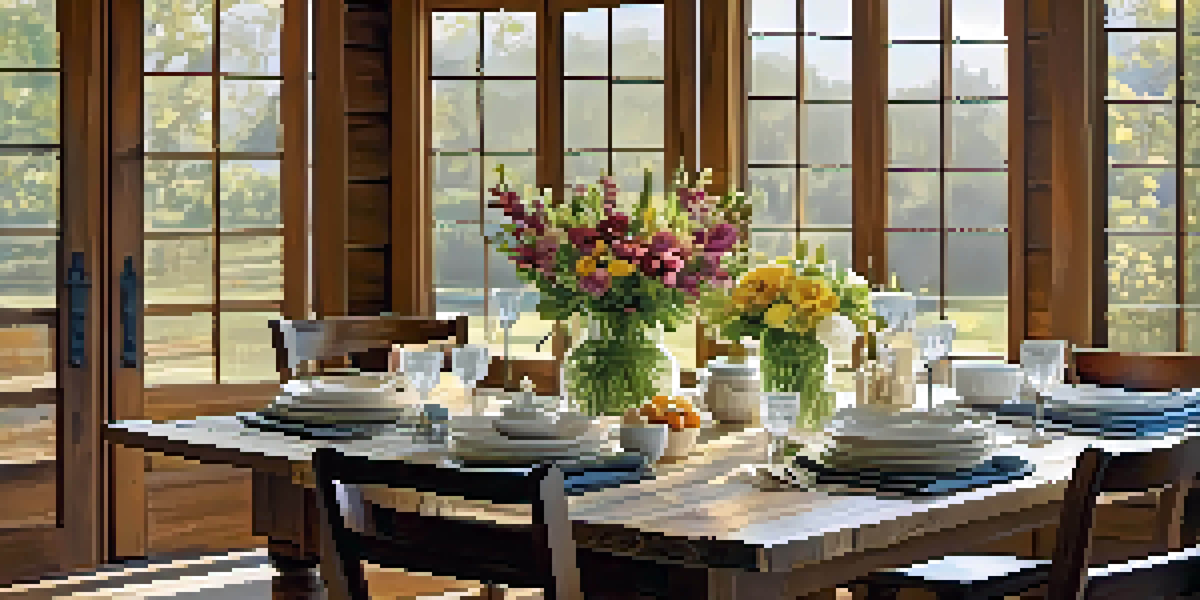 A rustic dining table made from reclaimed wood, set with elegant dinnerware and flowers in a bright room.
