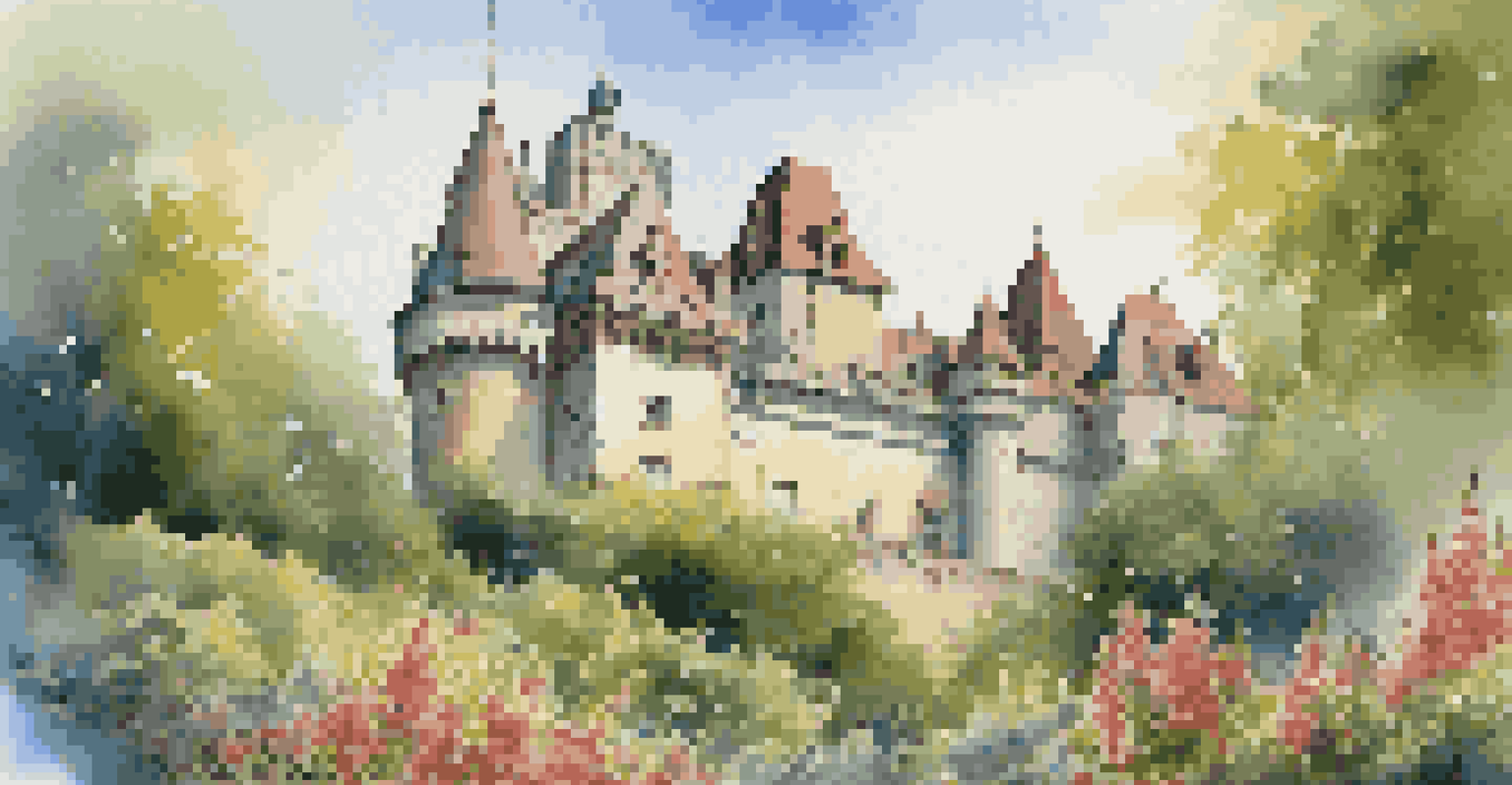 A grand historic castle surrounded by greenery and flowers, basking in soft morning light.