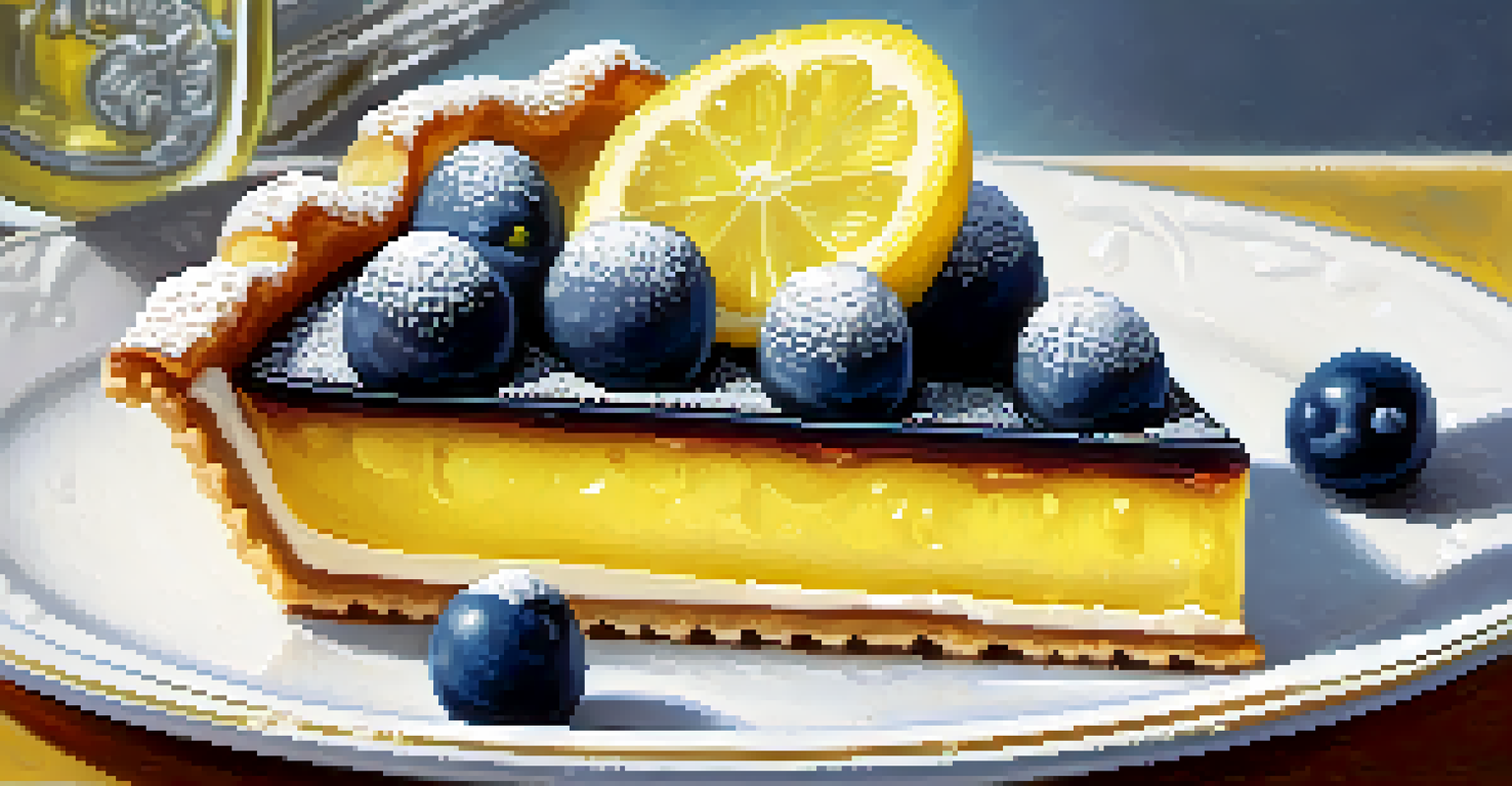 A close-up view of a lemon tart with powdered sugar and a lemon slice on a white plate, set against a deep blue background.