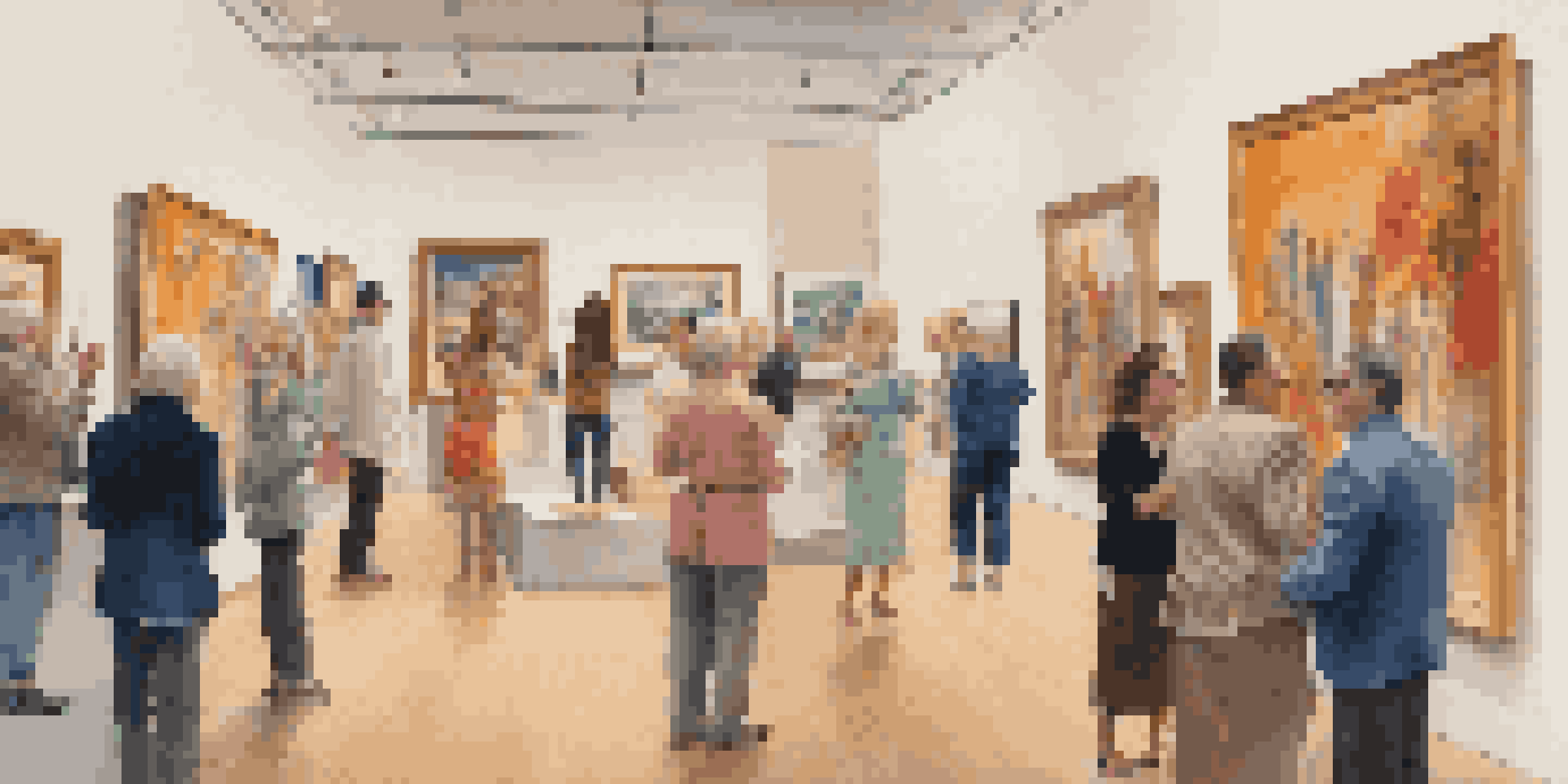 A lively art auction scene in a gallery with diverse participants bidding on colorful artworks.