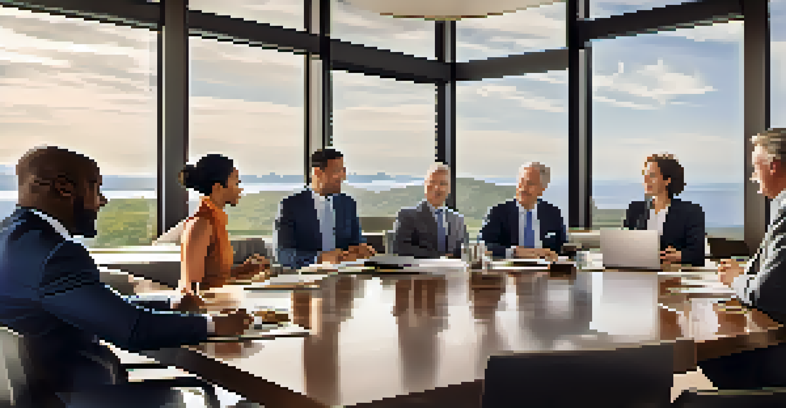 Executives in a collaborative discussion at a luxury business retreat around a modern conference table with a scenic view outside.