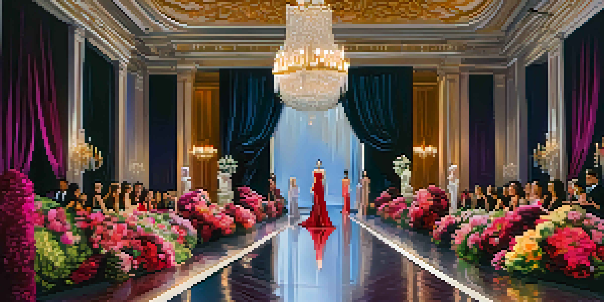A grand fashion show with models on a vibrant runway and an opulent background featuring flowers and a chandelier.