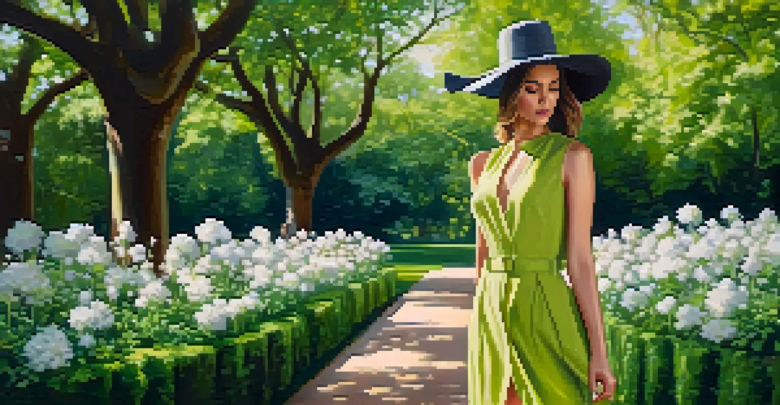 A model in a luxurious organic cotton outfit posing in a green park filled with flowers and trees, with sunlight filtering through.