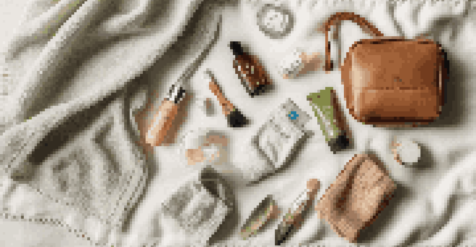 An eco-friendly luxury travel set displayed on a soft blanket, featuring a sustainable bag, bamboo toothbrushes, and organic skincare products, illuminated by soft natural lighting.