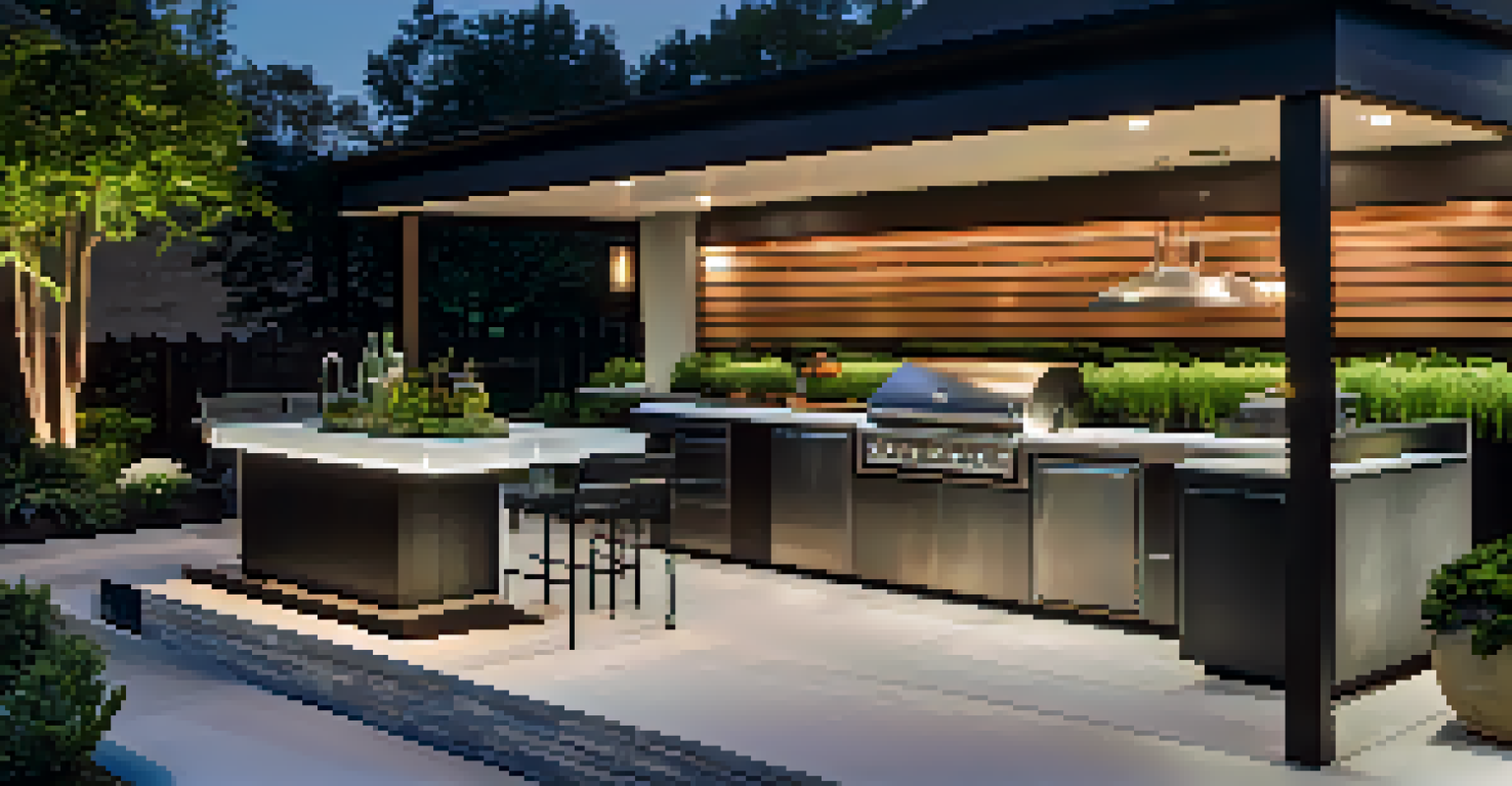 A modern outdoor kitchen with a grill, stylish seating, and innovative lighting, surrounded by lush plants and a well-manicured lawn.