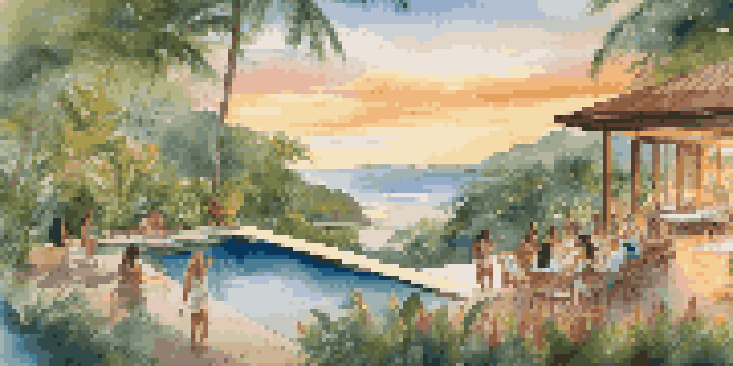 A picturesque eco-resort in Costa Rica with an infinity pool, where women are participating in a community business workshop, surrounded by tropical plants at sunset.