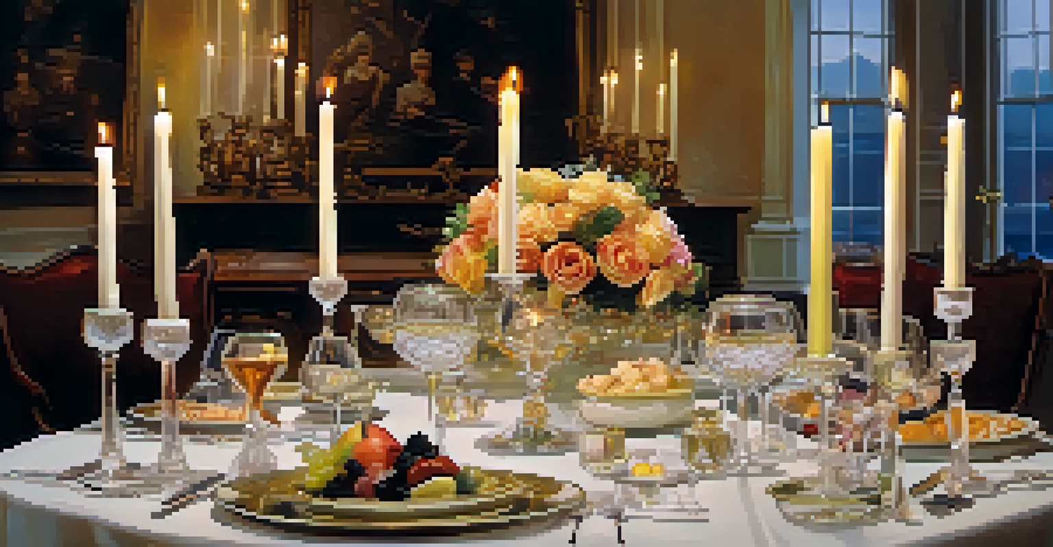 A lavish gourmet dinner setting with fine dining details, candles, and guests enjoying an elegant meal.