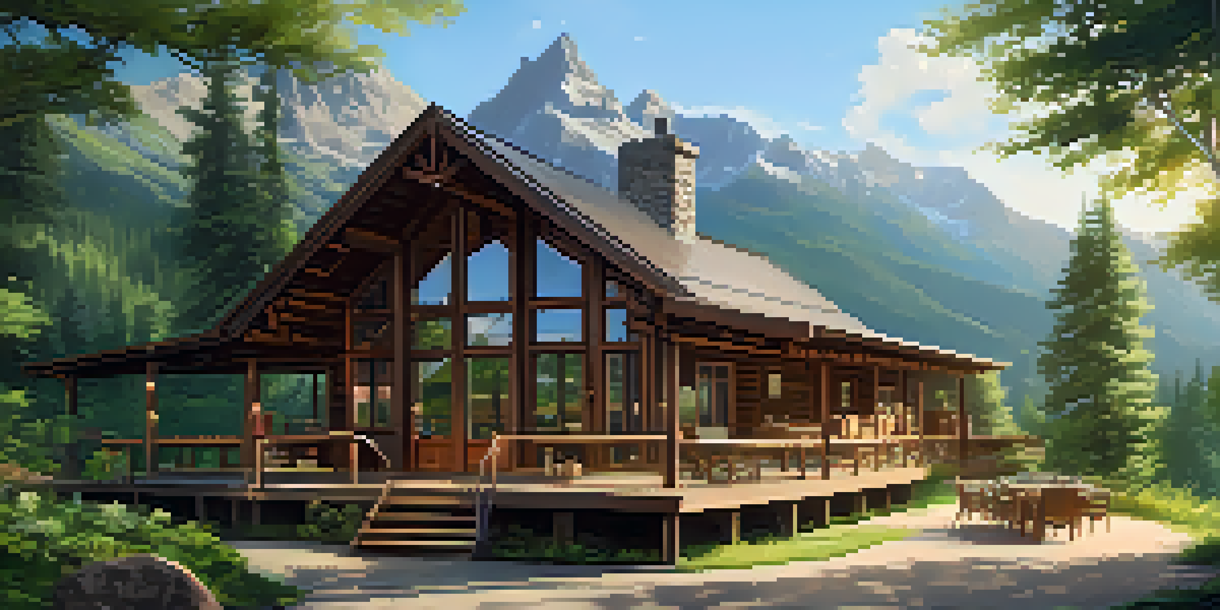 A picturesque mountain lodge nestled in greenery, with sunlight filtering through trees and a cozy outdoor seating area.