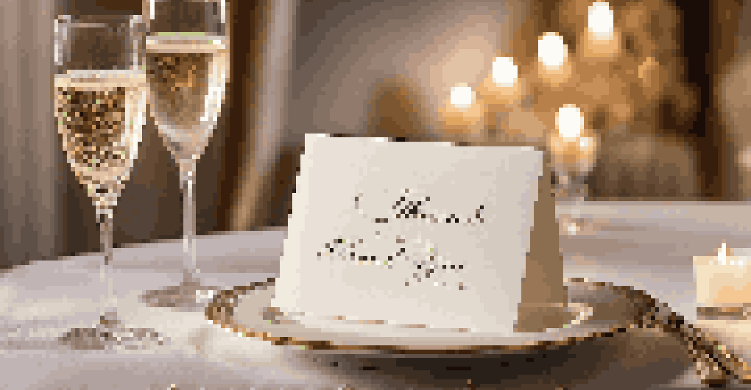 A close-up of a thank-you note next to a glass of champagne, with an elegant event in the background.
