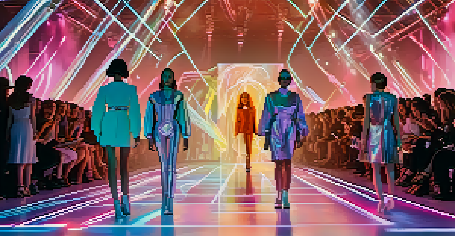 A futuristic fashion show with models on a digital runway and holographic visuals enhancing their outfits, captivating the audience.