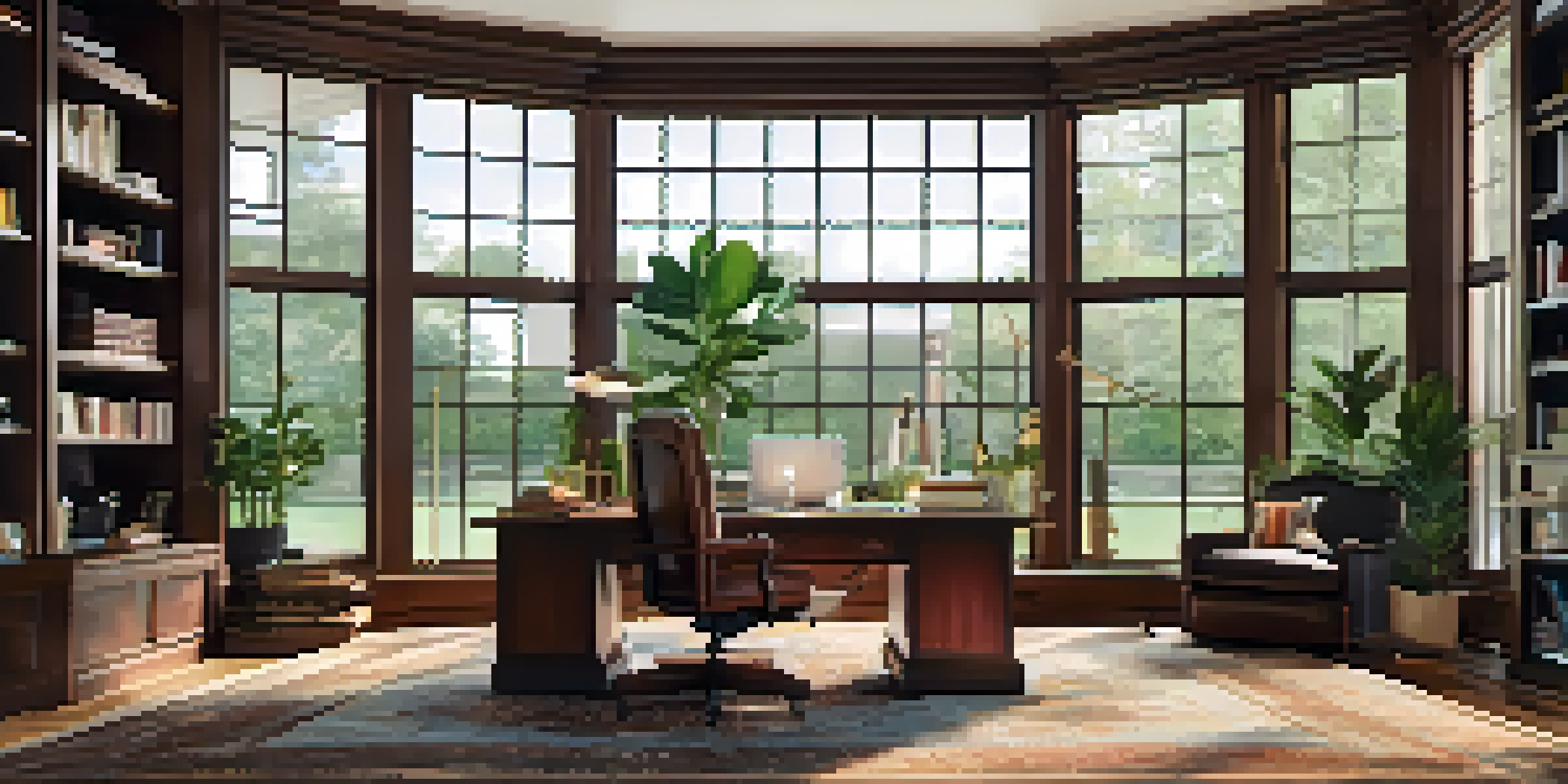 A luxurious home office with a mahogany desk, leather chair, and natural light from large windows, decorated with plants and modern artwork.