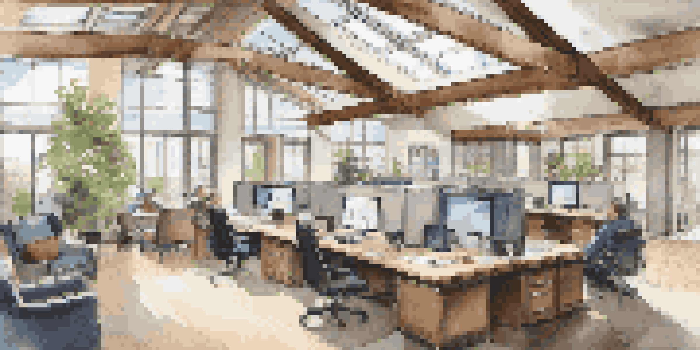 A spacious modern office with high ceilings, natural light from skylights, and a mix of collaborative and private work areas.