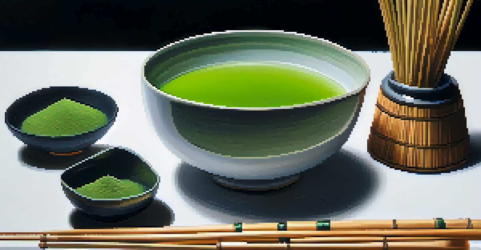 A minimalist scene of matcha tea preparation with a bamboo whisk and vibrant green matcha powder in a bowl, surrounded by tea leaves.
