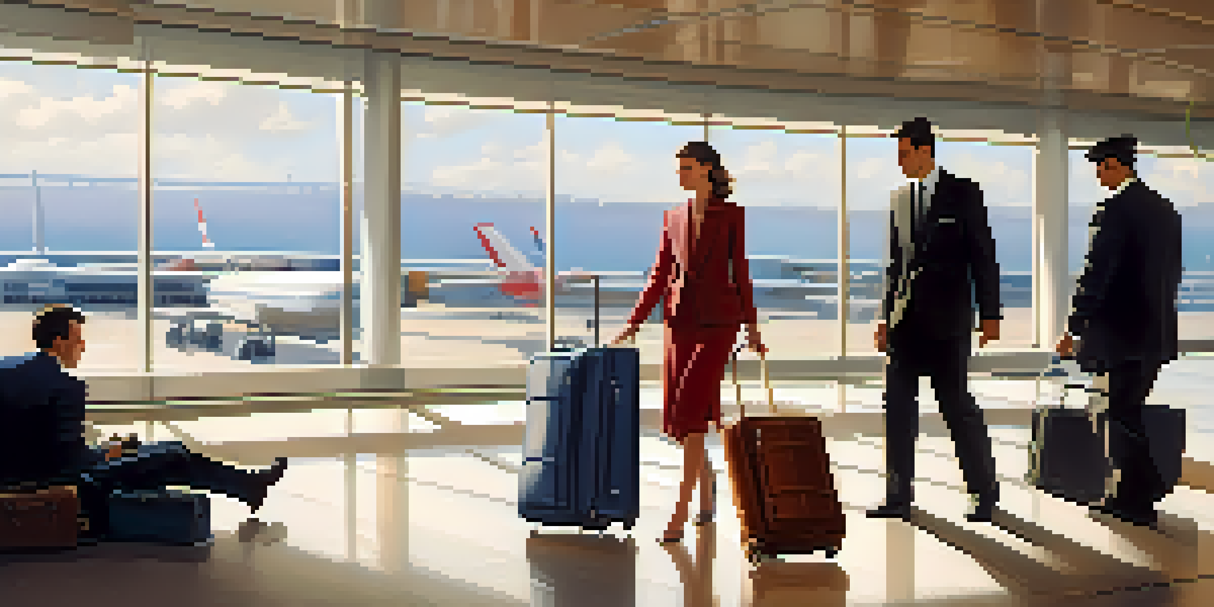 An elegant suitcase in a luxurious airport, surrounded by fashionable travelers and soft natural light.