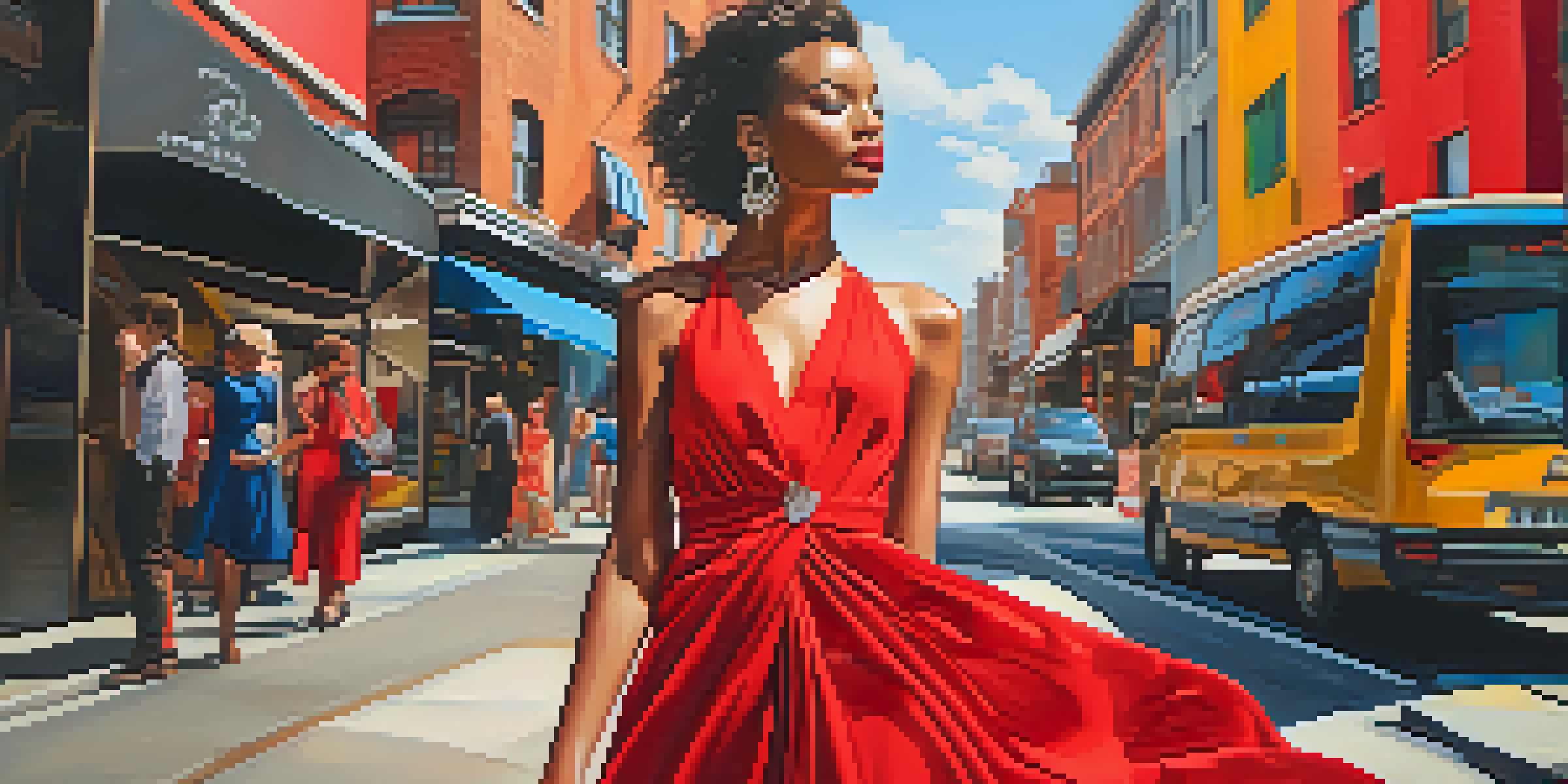 A confident woman in a flowing red dress stands in front of colorful street art, embodying self-expression in fashion.