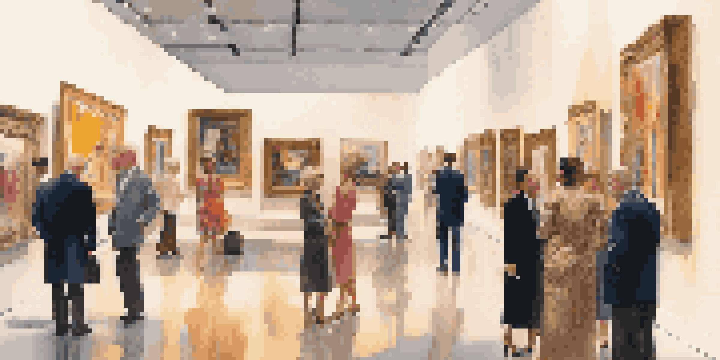 An art fair scene with collectors in elegant attire exploring vibrant artworks in a modern gallery.