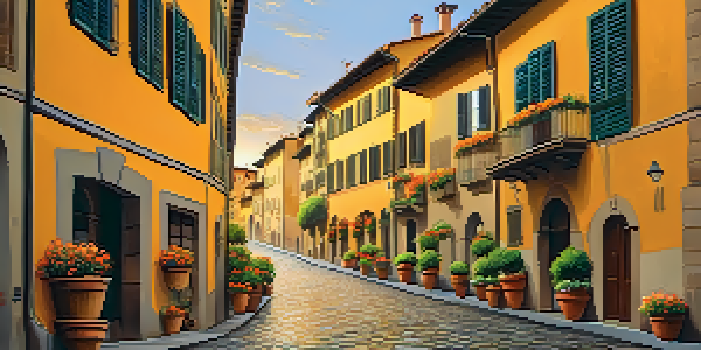 A street in Florence with colorful buildings and an artist painting the scenery during sunset.