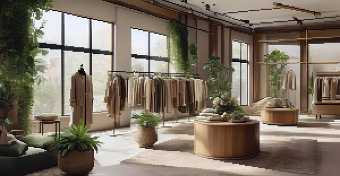 An elegant fashion boutique showcasing eco-friendly clothing with natural light and indoor plants.