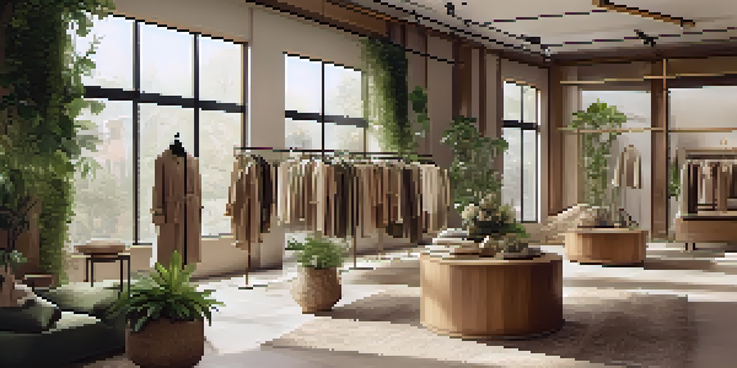 An elegant fashion boutique showcasing eco-friendly clothing with natural light and indoor plants.
