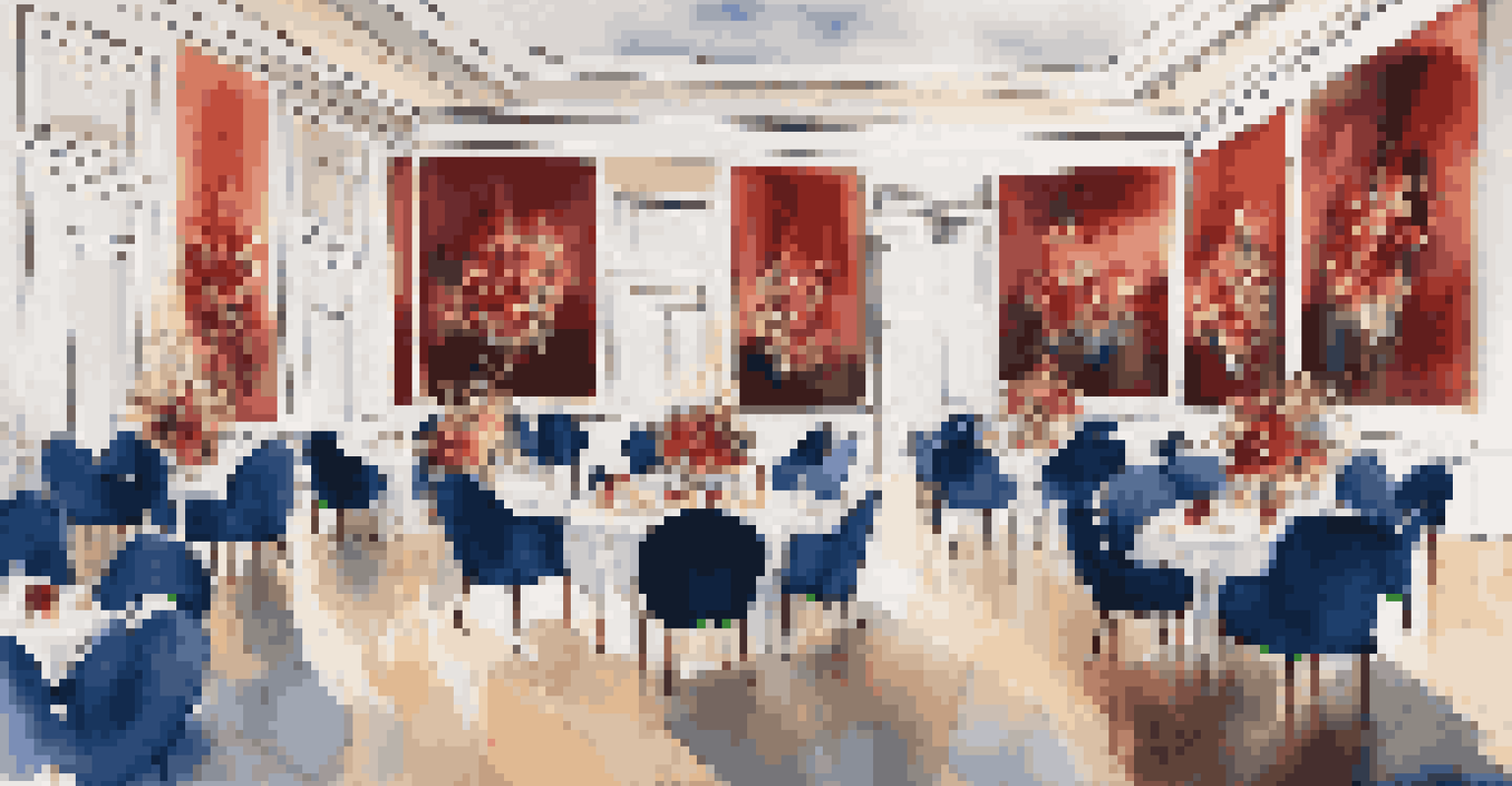 A luxurious event space with abstract paintings, floral arrangements, and elegantly dressed guests.