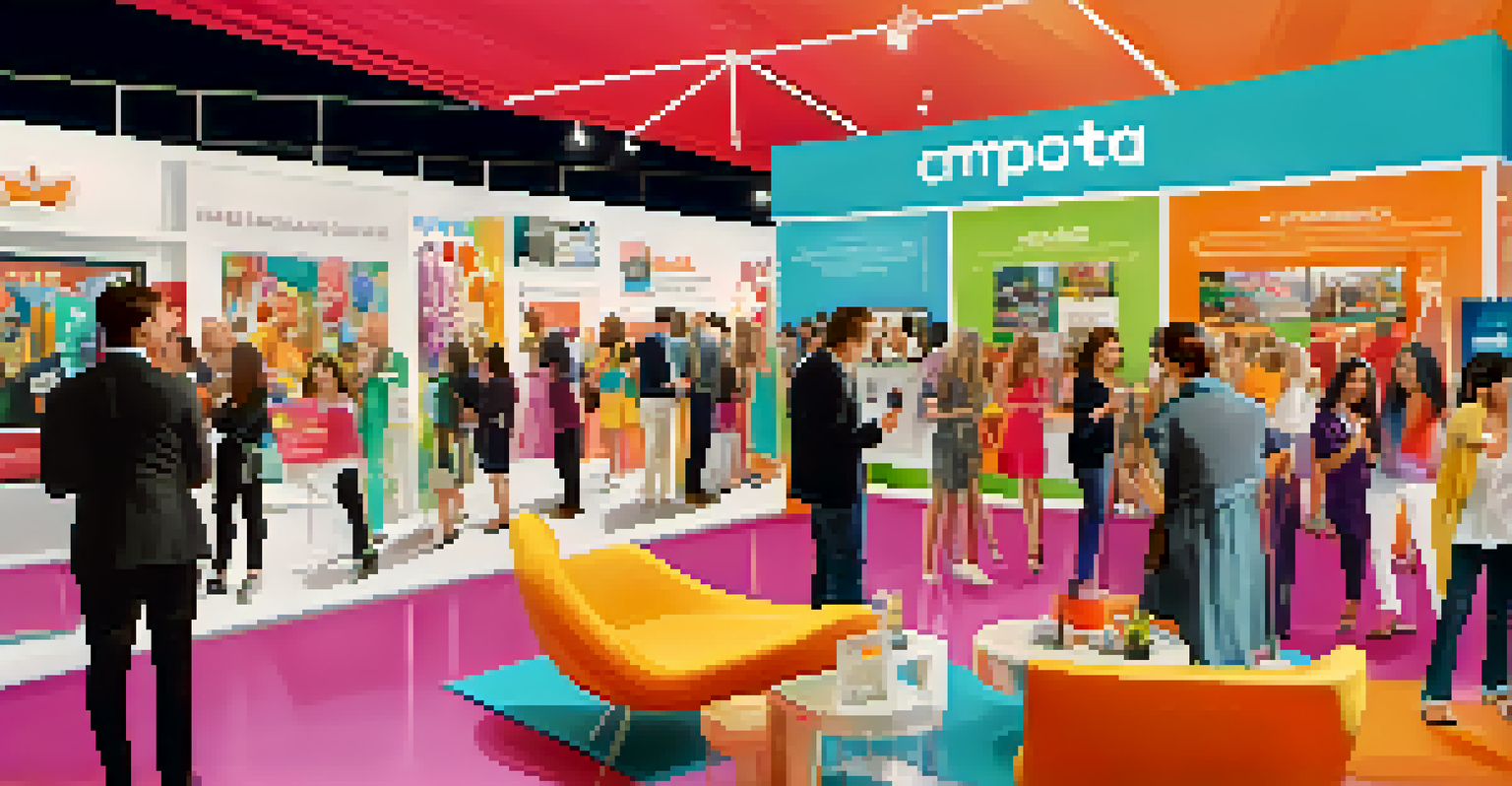 A lively charity event booth showcasing a luxury brand's social media campaign, with diverse people interacting and vibrant displays.