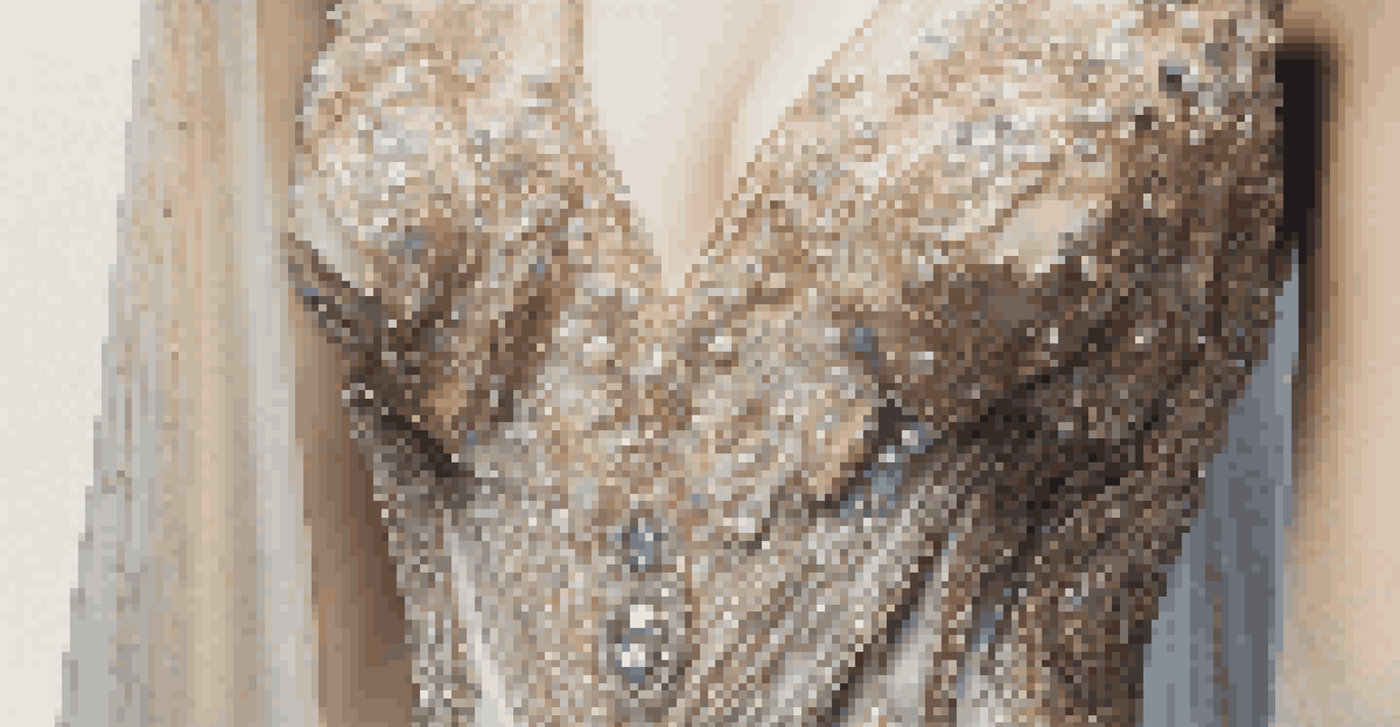 A close-up of a haute couture gown on a mannequin, displaying intricate beadwork and delicate fabrics, with soft lighting highlighting the details.