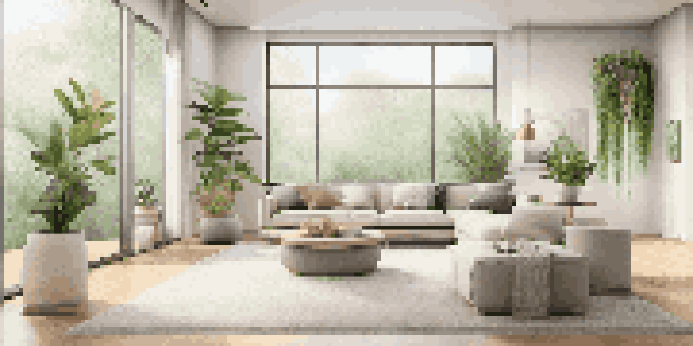 A luxurious living room with natural light, indoor plants, and a smart air purifier, featuring sustainable materials.