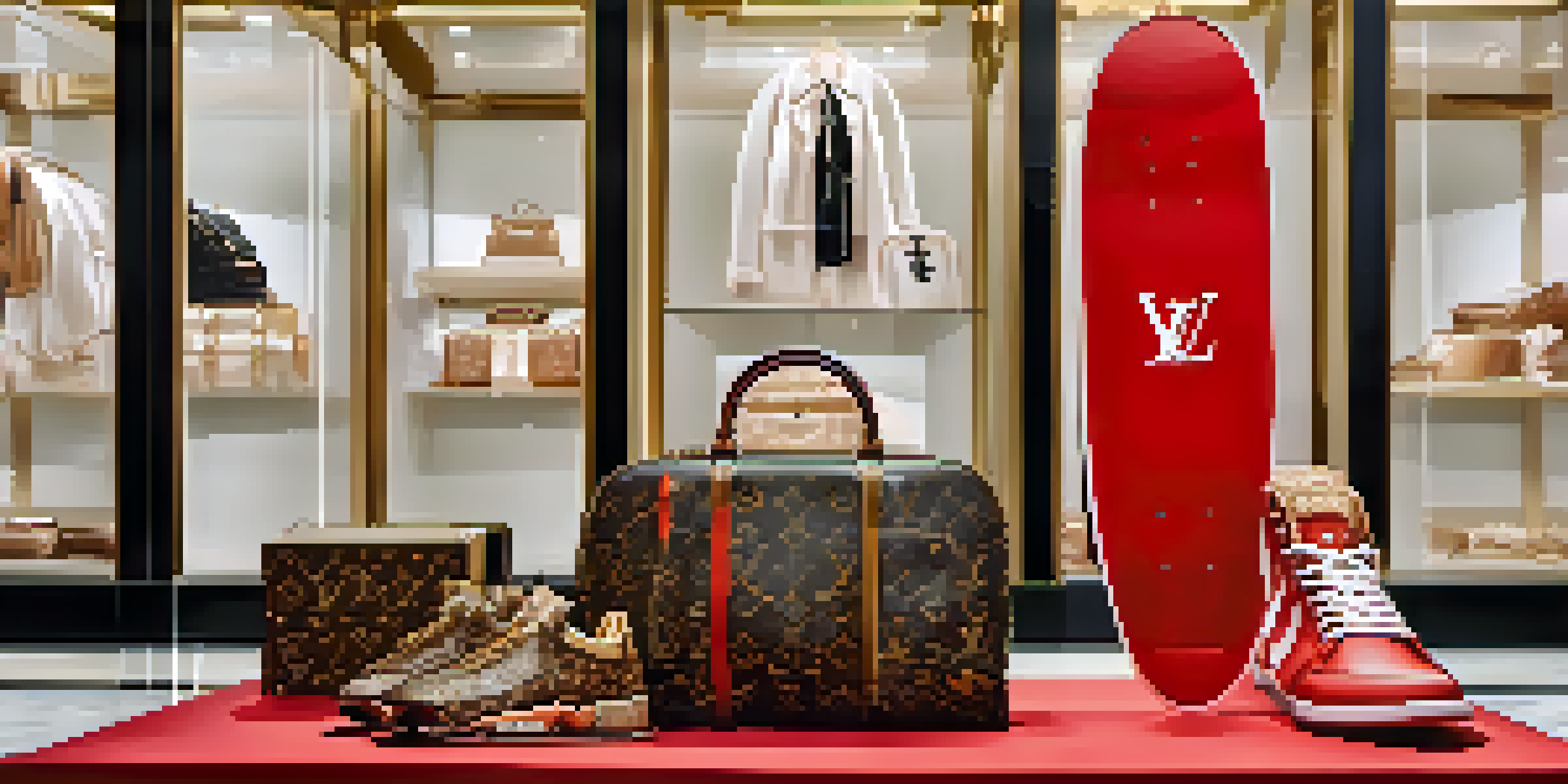 A luxurious display of a Louis Vuitton bag and a Supreme skateboard against a modern backdrop, showcasing contrasting colors and textures.