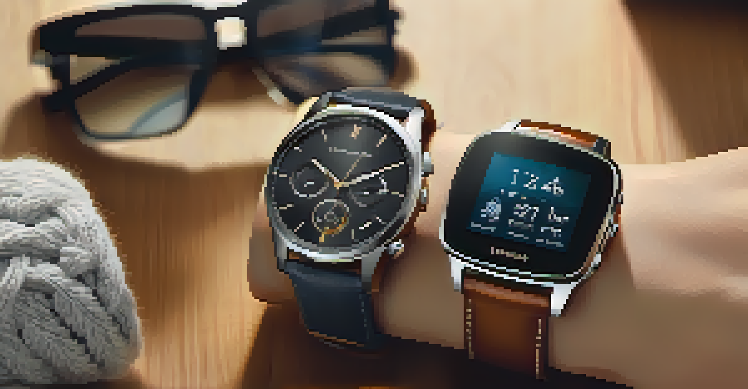 A luxury smartwatch worn on a wrist, next to a stylish outfit on a wooden table, including a cashmere sweater and sunglasses.